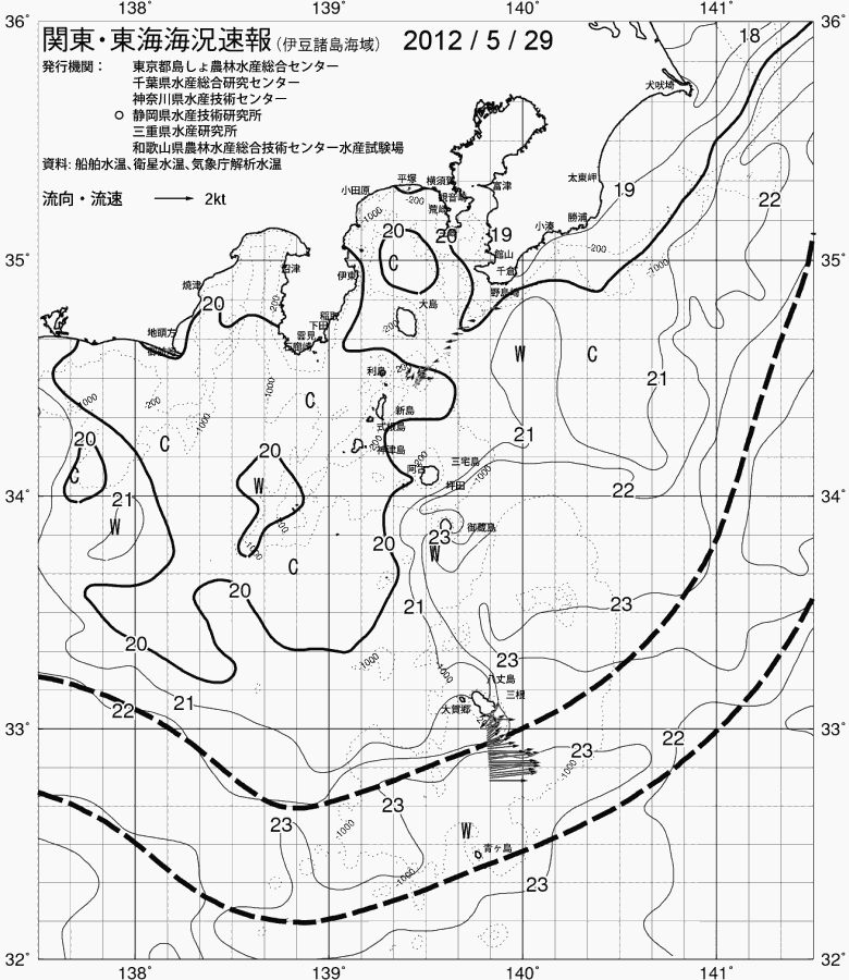海況図, 関東・東海海況速報/伊豆諸島海域 検索結果, (黒潮, 水温分布, 冷水域, 暖水波及 等を図示)