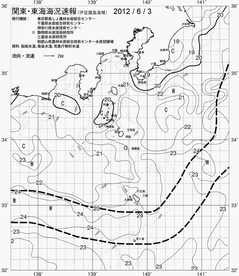 海況図, 関東・東海海況速報/伊豆諸島海域 検索結果, (黒潮, 水温分布, 冷水域, 暖水波及 等を図示)
