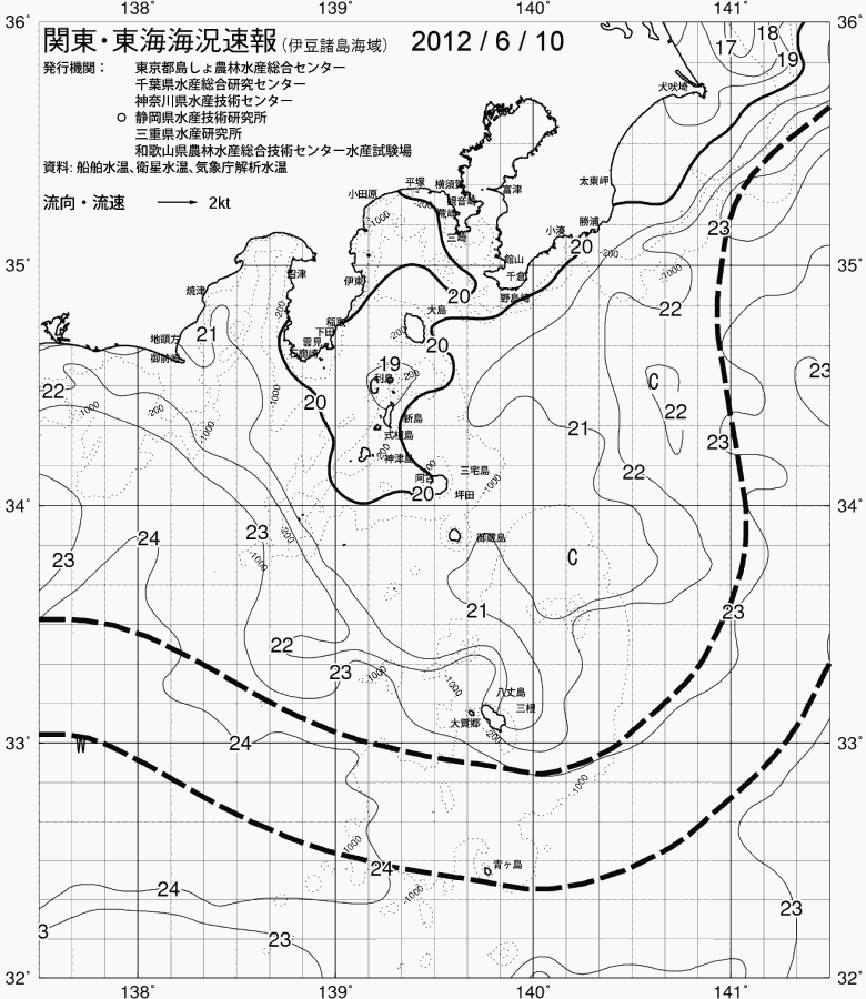 海況図, 関東・東海海況速報/伊豆諸島海域 検索結果, (黒潮, 水温分布, 冷水域, 暖水波及 等を図示)