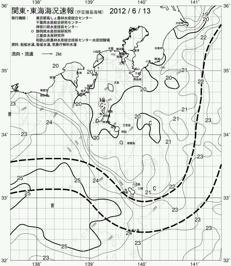 海況図, 関東・東海海況速報/伊豆諸島海域 検索結果, (黒潮, 水温分布, 冷水域, 暖水波及 等を図示)
