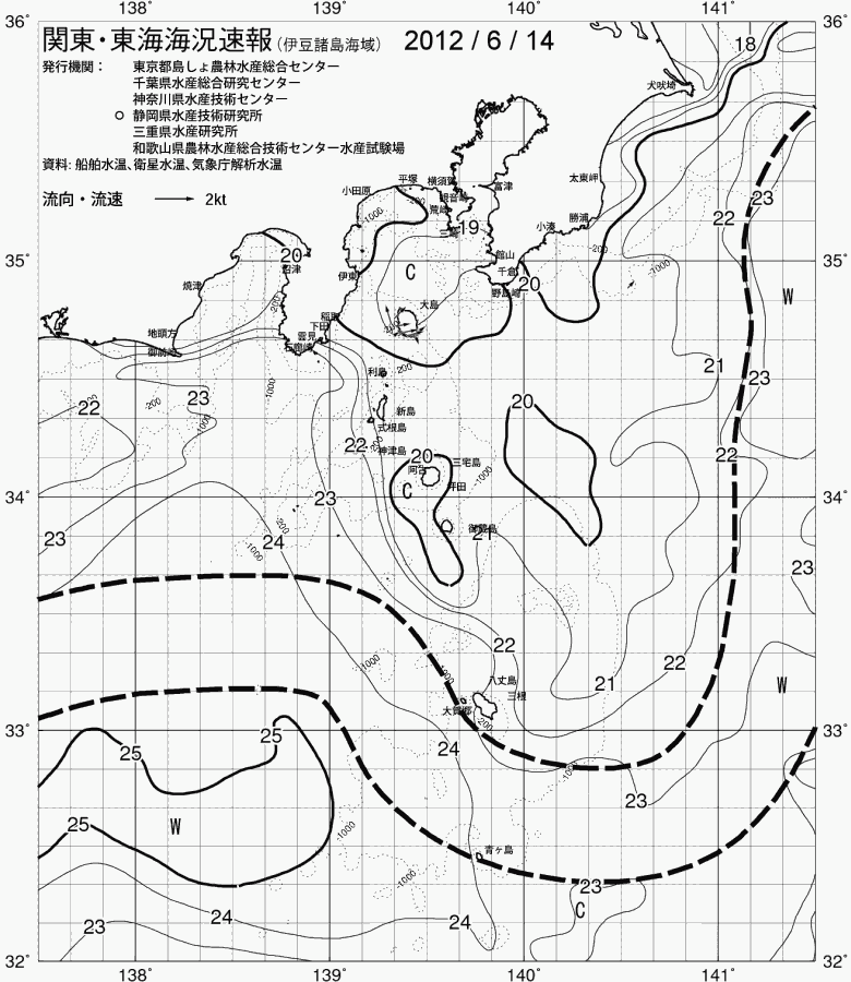 海況図, 関東・東海海況速報/伊豆諸島海域 検索結果, (黒潮, 水温分布, 冷水域, 暖水波及 等を図示)