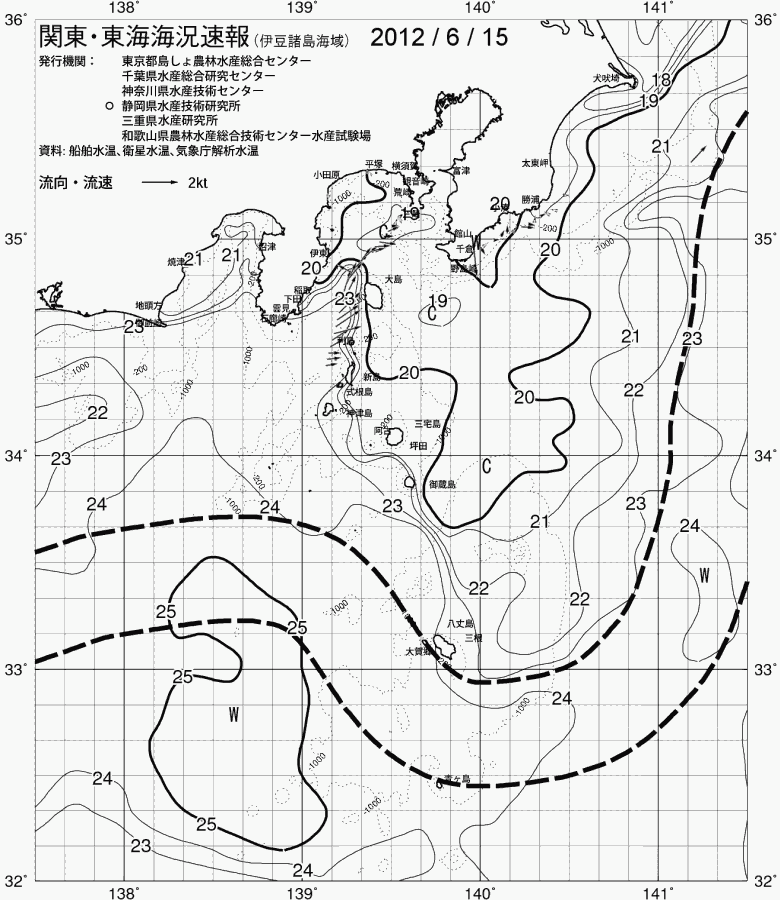 海況図, 関東・東海海況速報/伊豆諸島海域 検索結果, (黒潮, 水温分布, 冷水域, 暖水波及 等を図示)