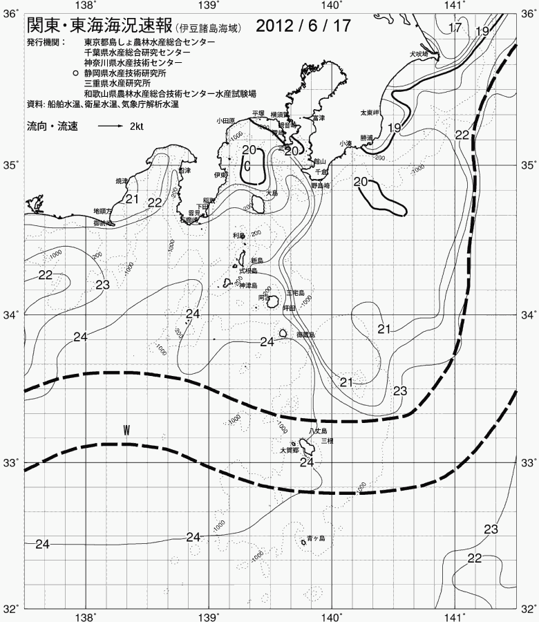 海況図, 関東・東海海況速報/伊豆諸島海域 検索結果, (黒潮, 水温分布, 冷水域, 暖水波及 等を図示)