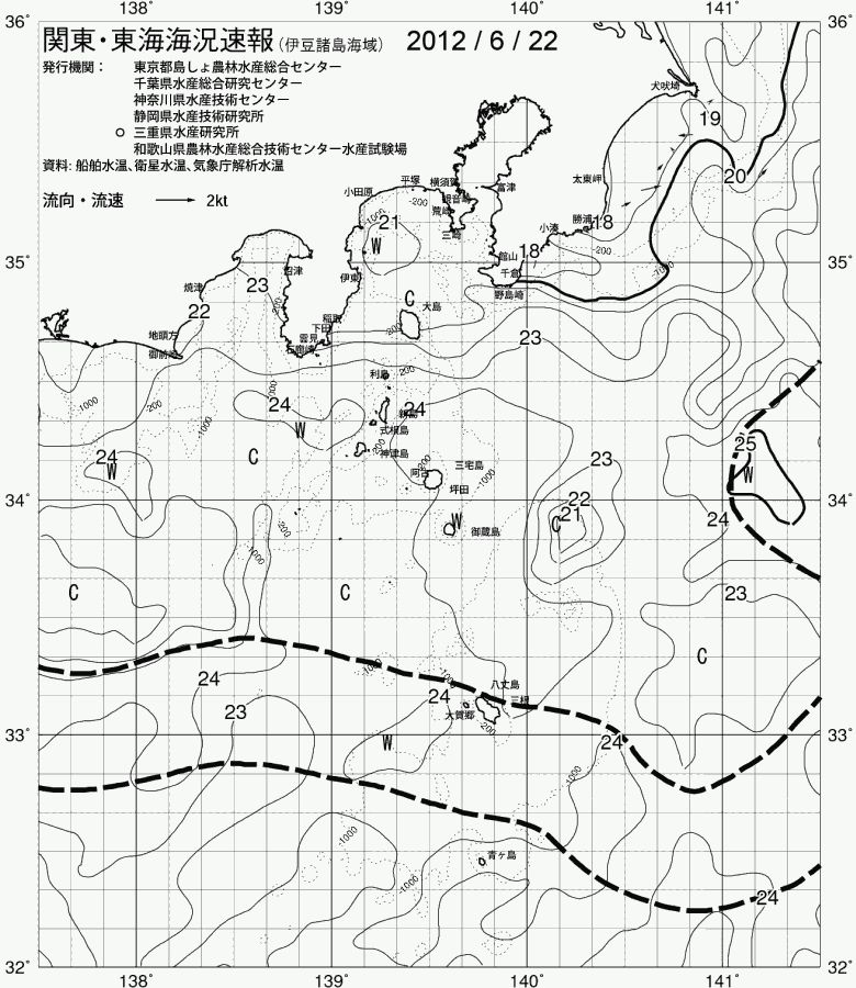 海況図, 関東・東海海況速報/伊豆諸島海域 検索結果, (黒潮, 水温分布, 冷水域, 暖水波及 等を図示)