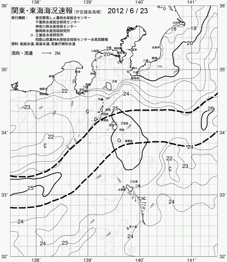 海況図, 関東・東海海況速報/伊豆諸島海域 検索結果, (黒潮, 水温分布, 冷水域, 暖水波及 等を図示)