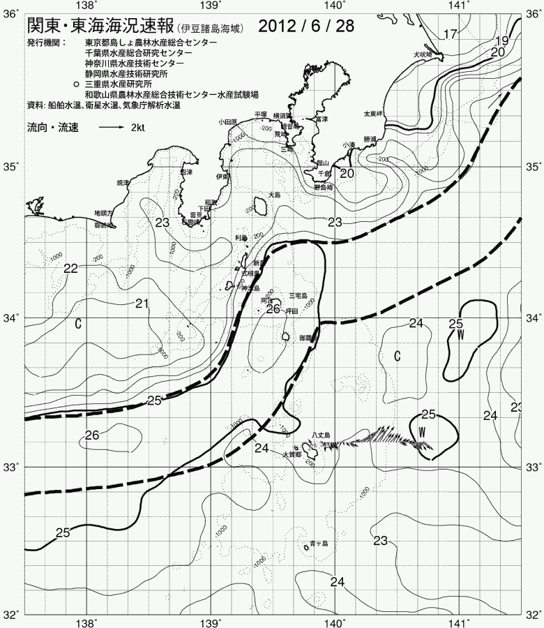 海況図, 関東・東海海況速報/伊豆諸島海域 検索結果, (黒潮, 水温分布, 冷水域, 暖水波及 等を図示)