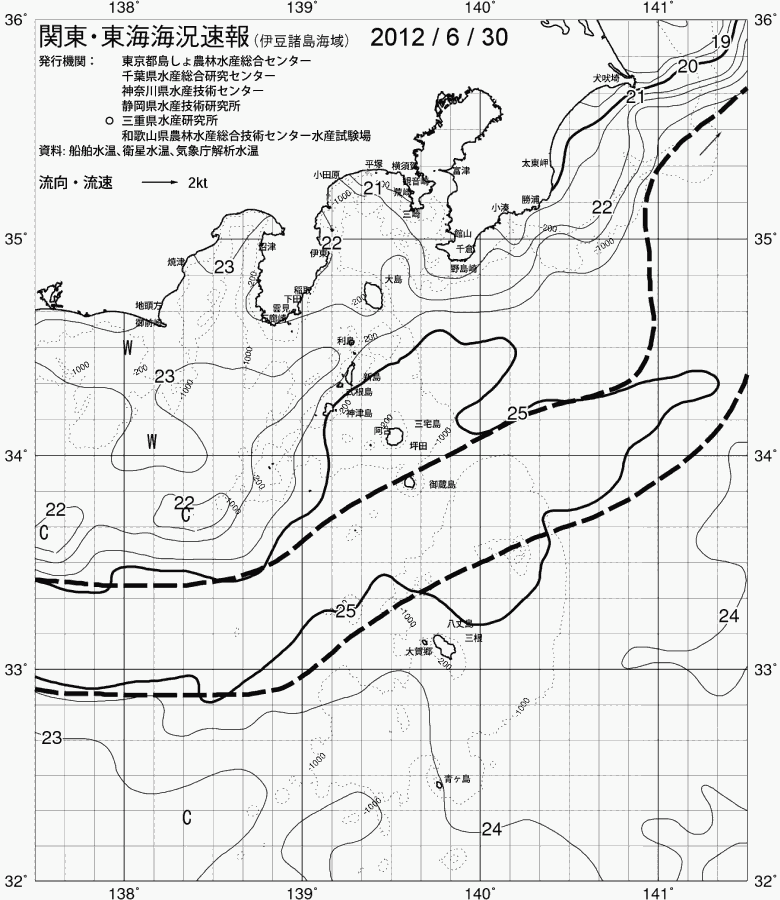 海況図, 関東・東海海況速報/伊豆諸島海域 検索結果, (黒潮, 水温分布, 冷水域, 暖水波及 等を図示)