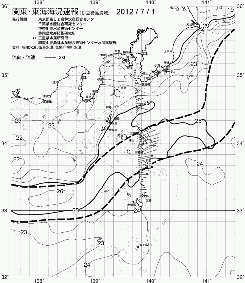 海況図, 関東・東海海況速報/伊豆諸島海域 検索結果, (黒潮, 水温分布, 冷水域, 暖水波及 等を図示)