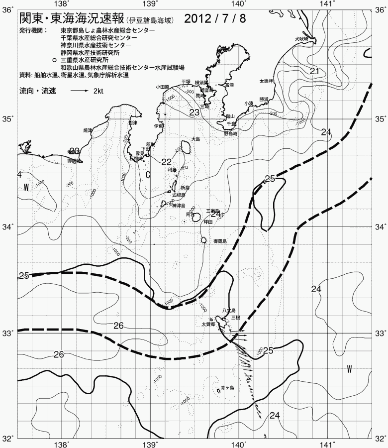 海況図, 関東・東海海況速報/伊豆諸島海域 検索結果, (黒潮, 水温分布, 冷水域, 暖水波及 等を図示)