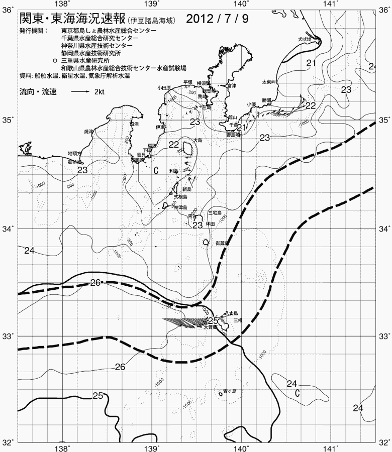 海況図, 関東・東海海況速報/伊豆諸島海域 検索結果, (黒潮, 水温分布, 冷水域, 暖水波及 等を図示)
