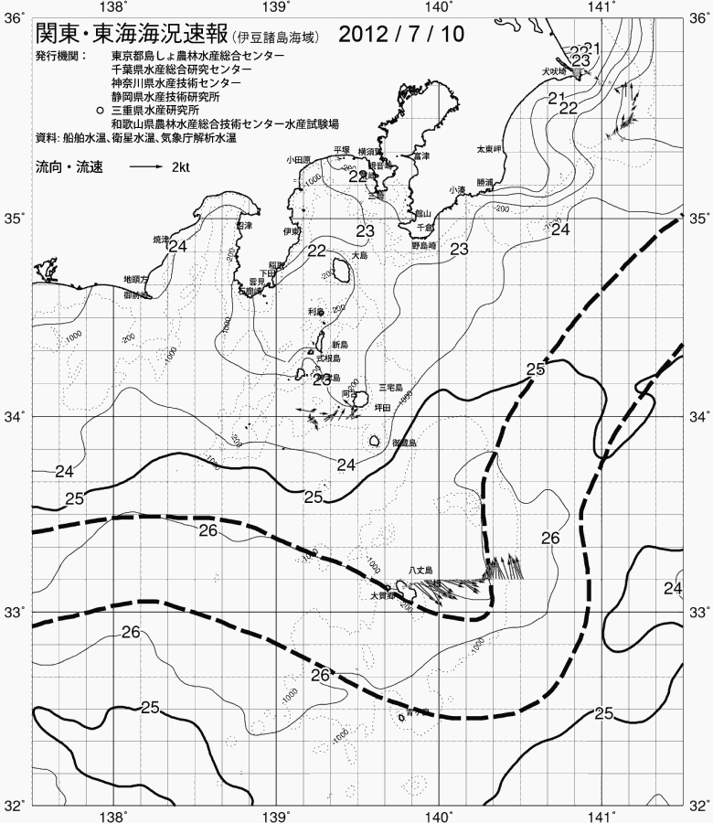 海況図, 関東・東海海況速報/伊豆諸島海域 検索結果, (黒潮, 水温分布, 冷水域, 暖水波及 等を図示)