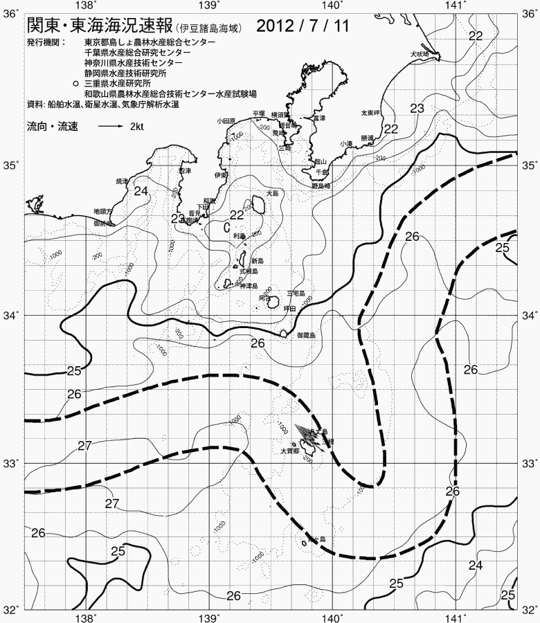 海況図, 関東・東海海況速報/伊豆諸島海域 検索結果, (黒潮, 水温分布, 冷水域, 暖水波及 等を図示)
