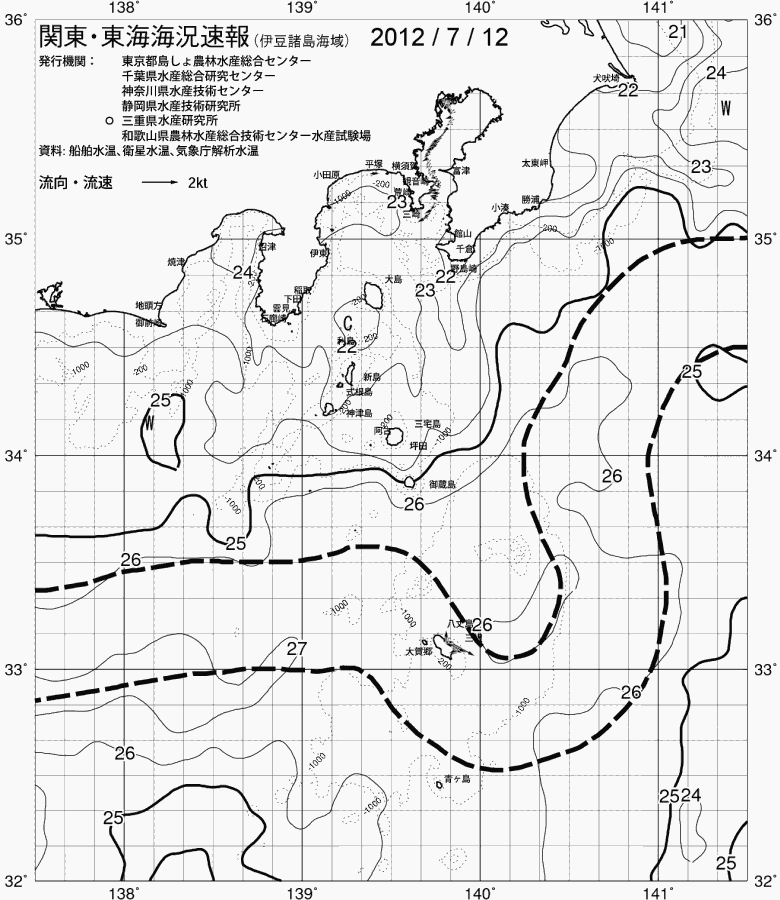 海況図, 関東・東海海況速報/伊豆諸島海域 検索結果, (黒潮, 水温分布, 冷水域, 暖水波及 等を図示)
