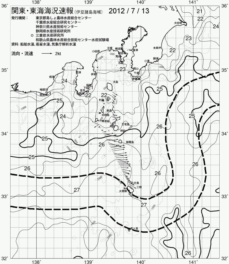 海況図, 関東・東海海況速報/伊豆諸島海域 検索結果, (黒潮, 水温分布, 冷水域, 暖水波及 等を図示)