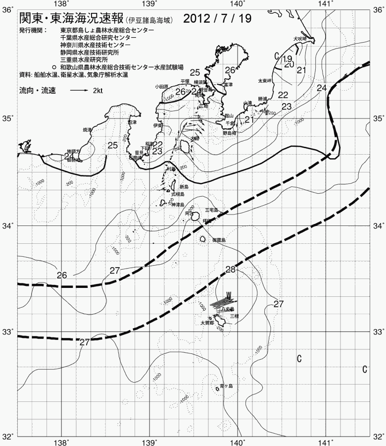 海況図, 関東・東海海況速報/伊豆諸島海域 検索結果, (黒潮, 水温分布, 冷水域, 暖水波及 等を図示)