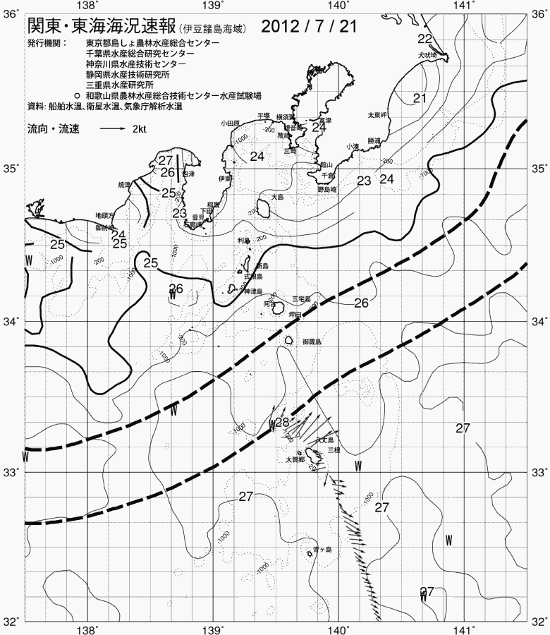 海況図, 関東・東海海況速報/伊豆諸島海域 検索結果, (黒潮, 水温分布, 冷水域, 暖水波及 等を図示)