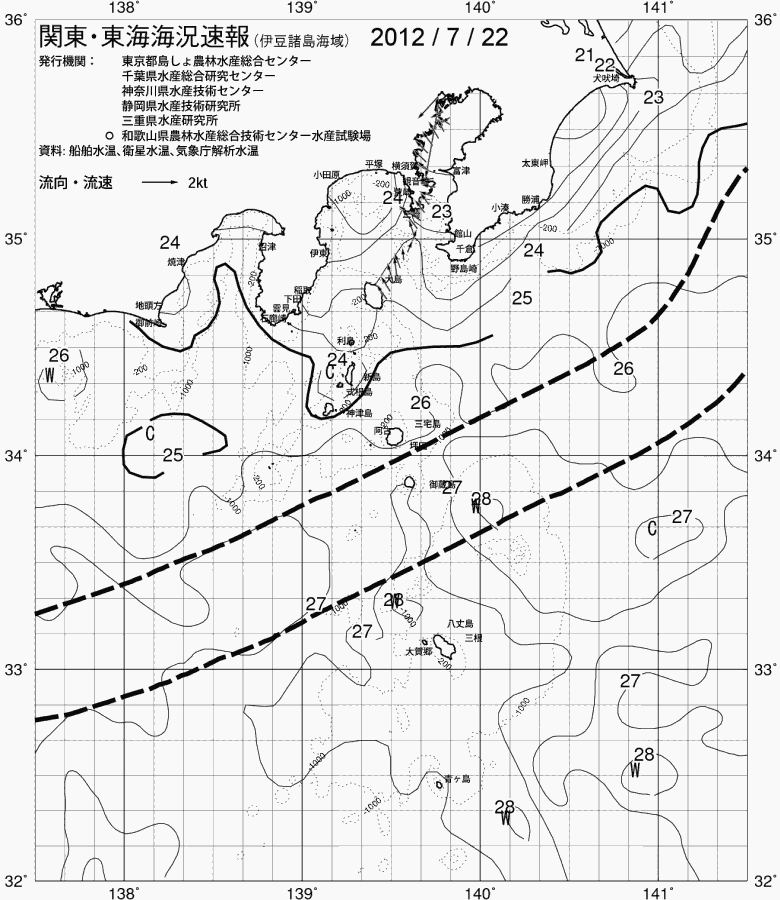 海況図, 関東・東海海況速報/伊豆諸島海域 検索結果, (黒潮, 水温分布, 冷水域, 暖水波及 等を図示)