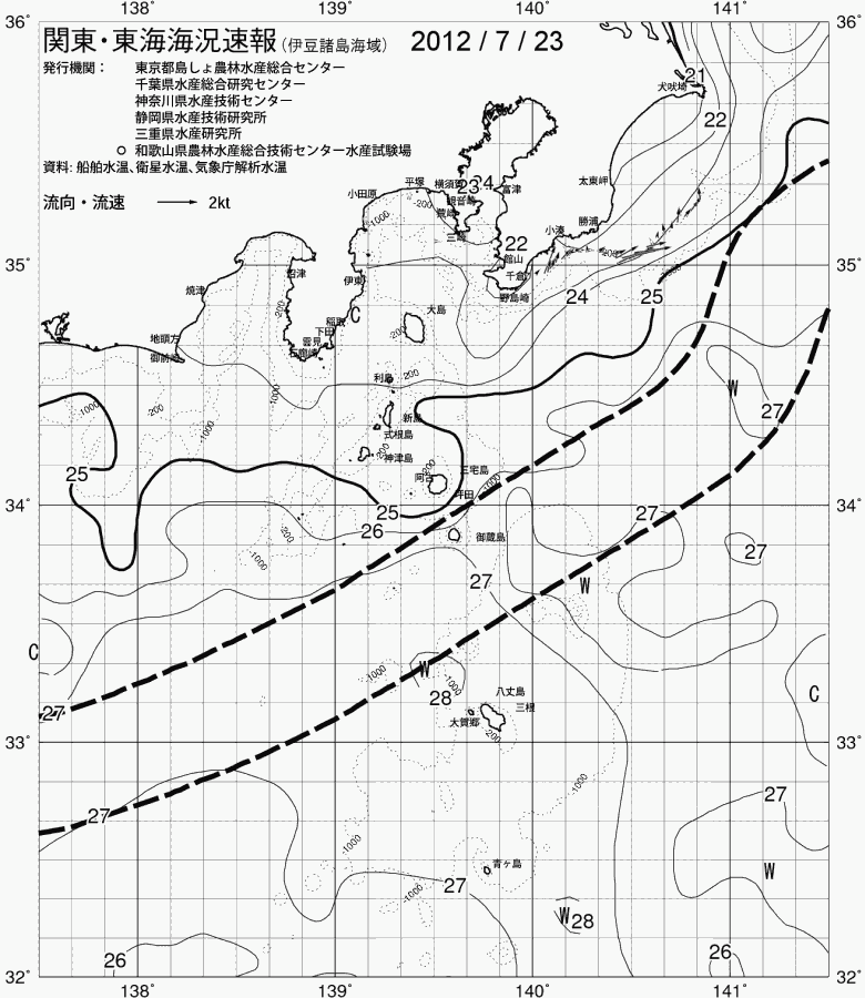 海況図, 関東・東海海況速報/伊豆諸島海域 検索結果, (黒潮, 水温分布, 冷水域, 暖水波及 等を図示)