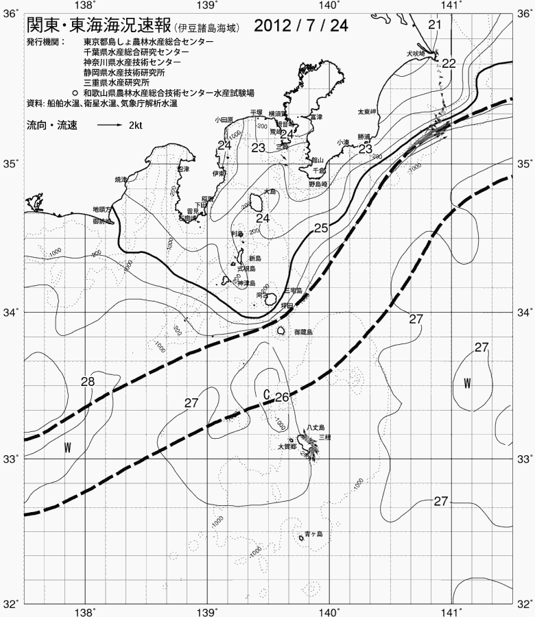 海況図, 関東・東海海況速報/伊豆諸島海域 検索結果, (黒潮, 水温分布, 冷水域, 暖水波及 等を図示)