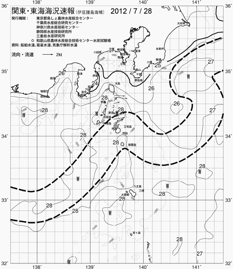 海況図, 関東・東海海況速報/伊豆諸島海域 検索結果, (黒潮, 水温分布, 冷水域, 暖水波及 等を図示)