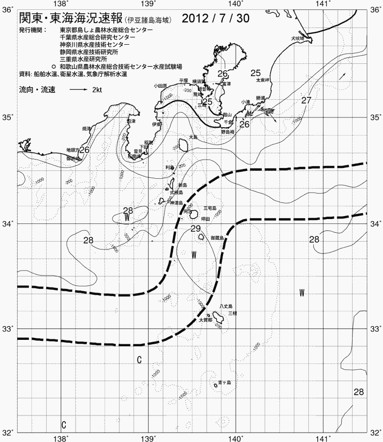 海況図, 関東・東海海況速報/伊豆諸島海域 検索結果, (黒潮, 水温分布, 冷水域, 暖水波及 等を図示)