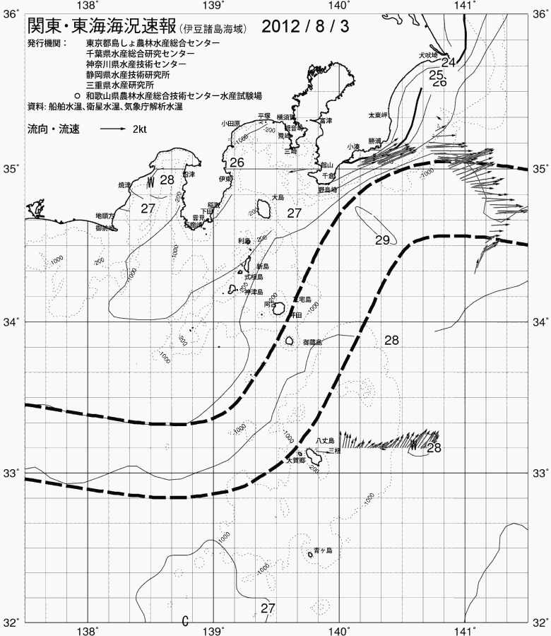 海況図, 関東・東海海況速報/伊豆諸島海域 検索結果, (黒潮, 水温分布, 冷水域, 暖水波及 等を図示)