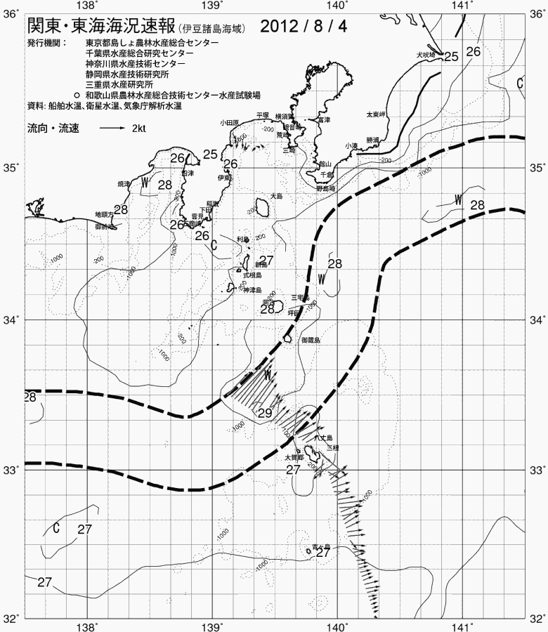 海況図, 関東・東海海況速報/伊豆諸島海域 検索結果, (黒潮, 水温分布, 冷水域, 暖水波及 等を図示)