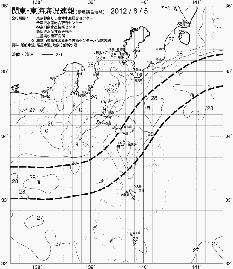 海況図, 関東・東海海況速報/伊豆諸島海域 検索結果, (黒潮, 水温分布, 冷水域, 暖水波及 等を図示)