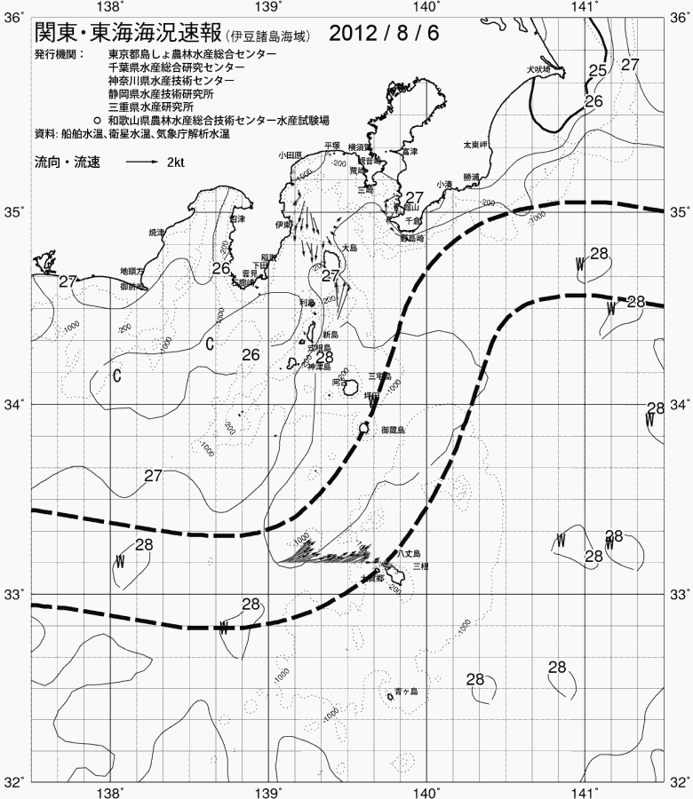 海況図, 関東・東海海況速報/伊豆諸島海域 検索結果, (黒潮, 水温分布, 冷水域, 暖水波及 等を図示)