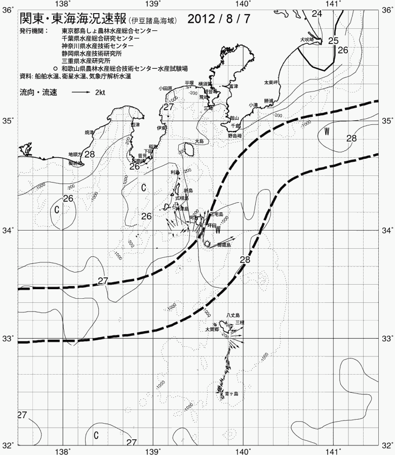 海況図, 関東・東海海況速報/伊豆諸島海域 検索結果, (黒潮, 水温分布, 冷水域, 暖水波及 等を図示)