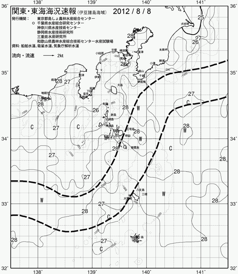 海況図, 関東・東海海況速報/伊豆諸島海域 検索結果, (黒潮, 水温分布, 冷水域, 暖水波及 等を図示)