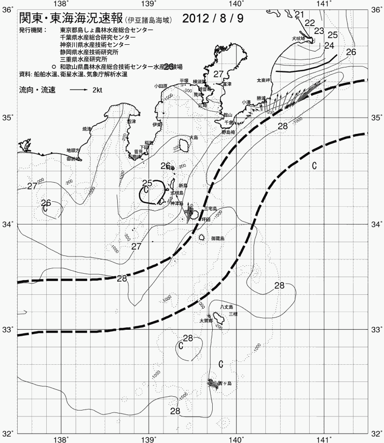 海況図, 関東・東海海況速報/伊豆諸島海域 検索結果, (黒潮, 水温分布, 冷水域, 暖水波及 等を図示)