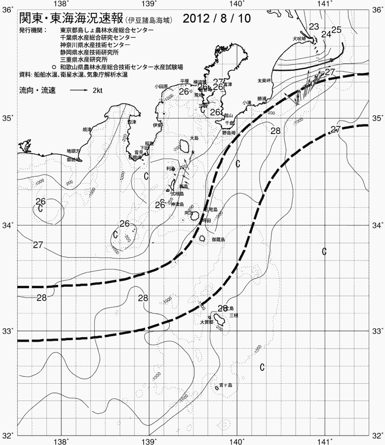 海況図, 関東・東海海況速報/伊豆諸島海域 検索結果, (黒潮, 水温分布, 冷水域, 暖水波及 等を図示)