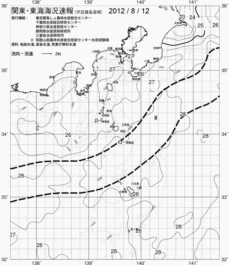 海況図, 関東・東海海況速報/伊豆諸島海域 検索結果, (黒潮, 水温分布, 冷水域, 暖水波及 等を図示)