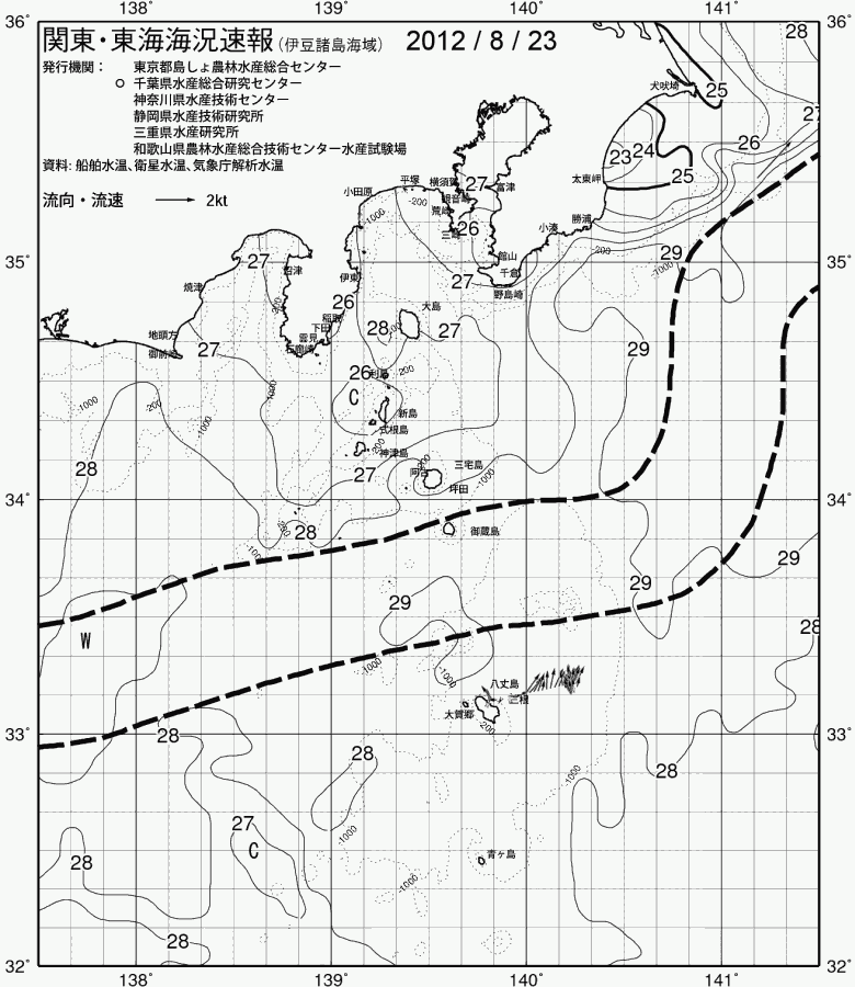 海況図, 関東・東海海況速報/伊豆諸島海域 検索結果, (黒潮, 水温分布, 冷水域, 暖水波及 等を図示)