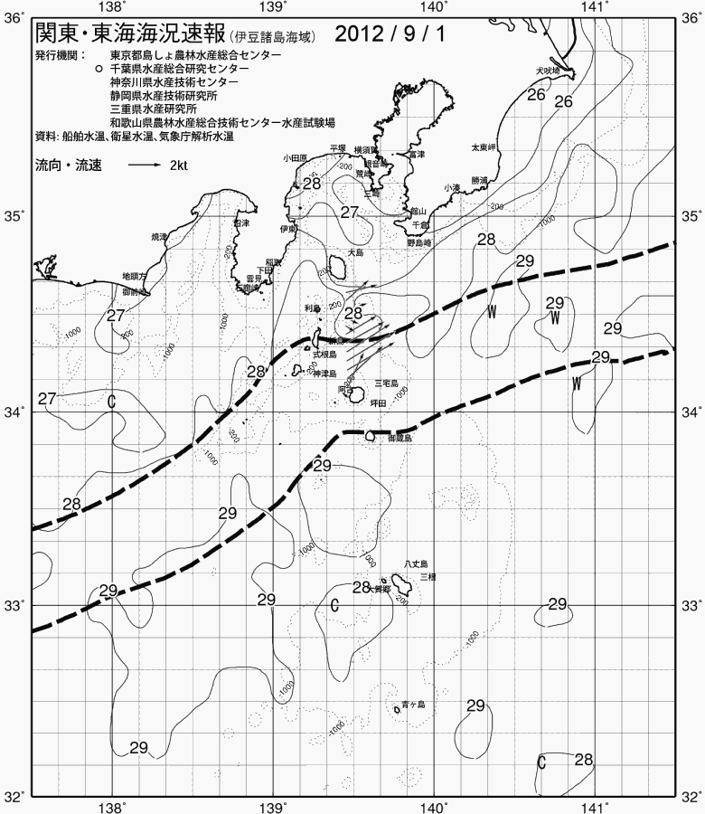 海況図, 関東・東海海況速報/伊豆諸島海域 検索結果, (黒潮, 水温分布, 冷水域, 暖水波及 等を図示)