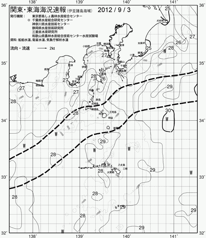 海況図, 関東・東海海況速報/伊豆諸島海域 検索結果, (黒潮, 水温分布, 冷水域, 暖水波及 等を図示)