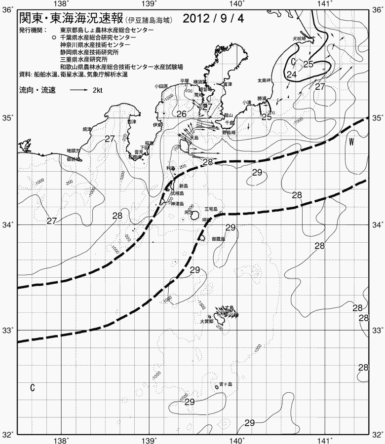 海況図, 関東・東海海況速報/伊豆諸島海域 検索結果, (黒潮, 水温分布, 冷水域, 暖水波及 等を図示)