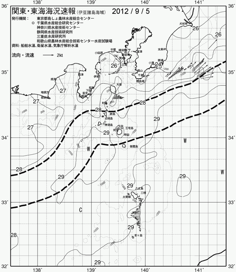 海況図, 関東・東海海況速報/伊豆諸島海域 検索結果, (黒潮, 水温分布, 冷水域, 暖水波及 等を図示)