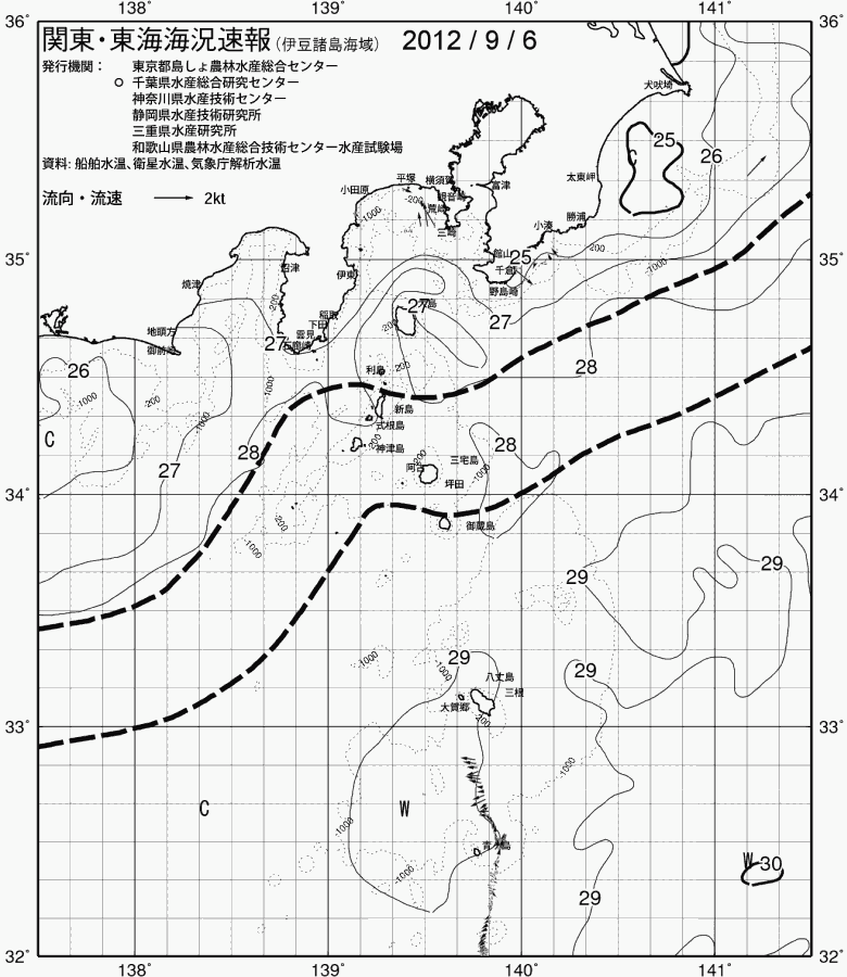 海況図, 関東・東海海況速報/伊豆諸島海域 検索結果, (黒潮, 水温分布, 冷水域, 暖水波及 等を図示)