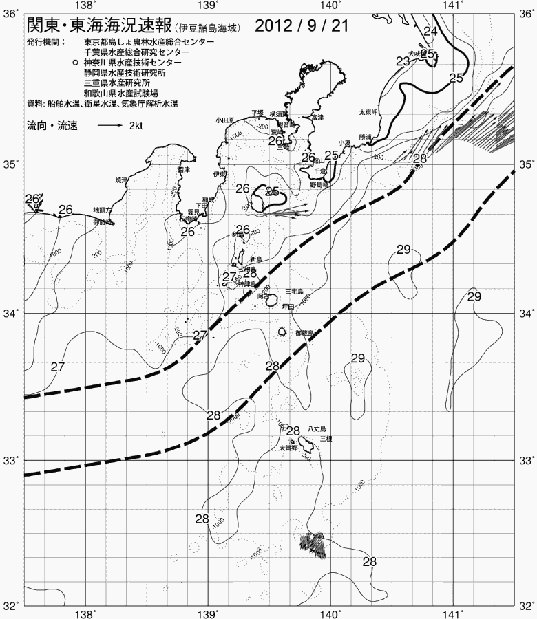 海況図, 関東・東海海況速報/伊豆諸島海域 検索結果, (黒潮, 水温分布, 冷水域, 暖水波及 等を図示)