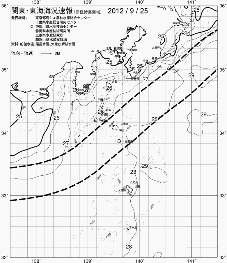 海況図, 関東・東海海況速報/伊豆諸島海域 検索結果, (黒潮, 水温分布, 冷水域, 暖水波及 等を図示)