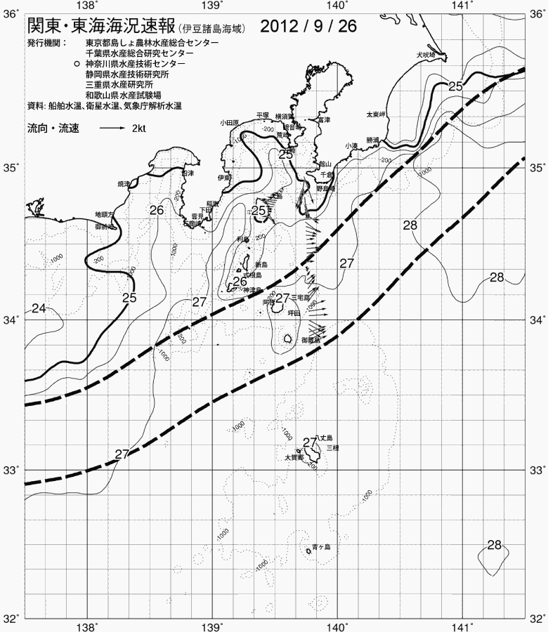 海況図, 関東・東海海況速報/伊豆諸島海域 検索結果, (黒潮, 水温分布, 冷水域, 暖水波及 等を図示)