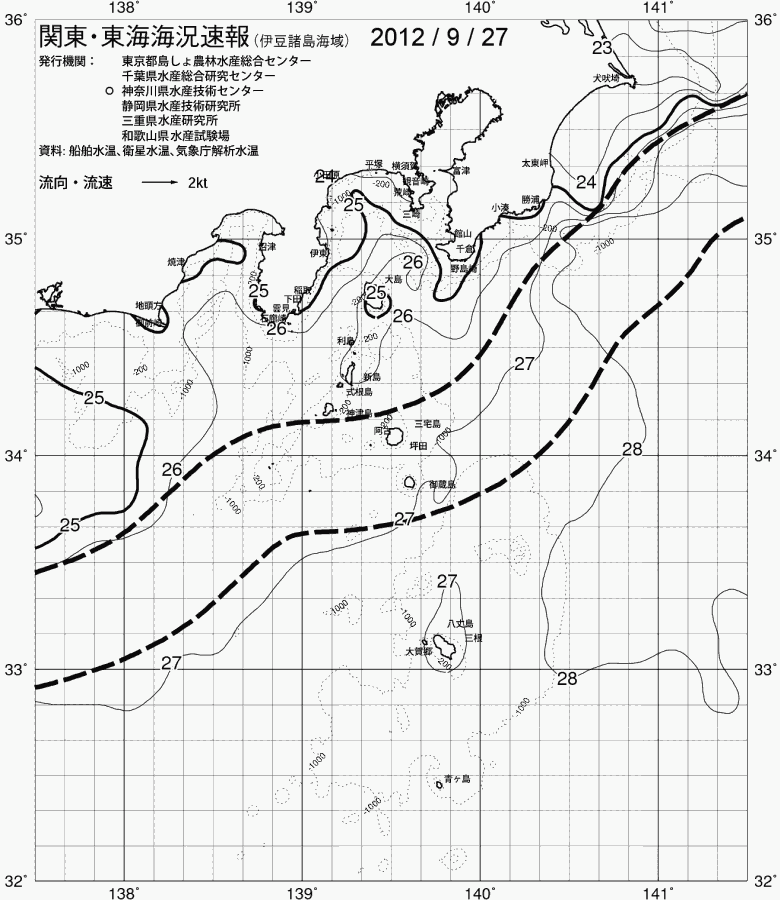 海況図, 関東・東海海況速報/伊豆諸島海域 検索結果, (黒潮, 水温分布, 冷水域, 暖水波及 等を図示)