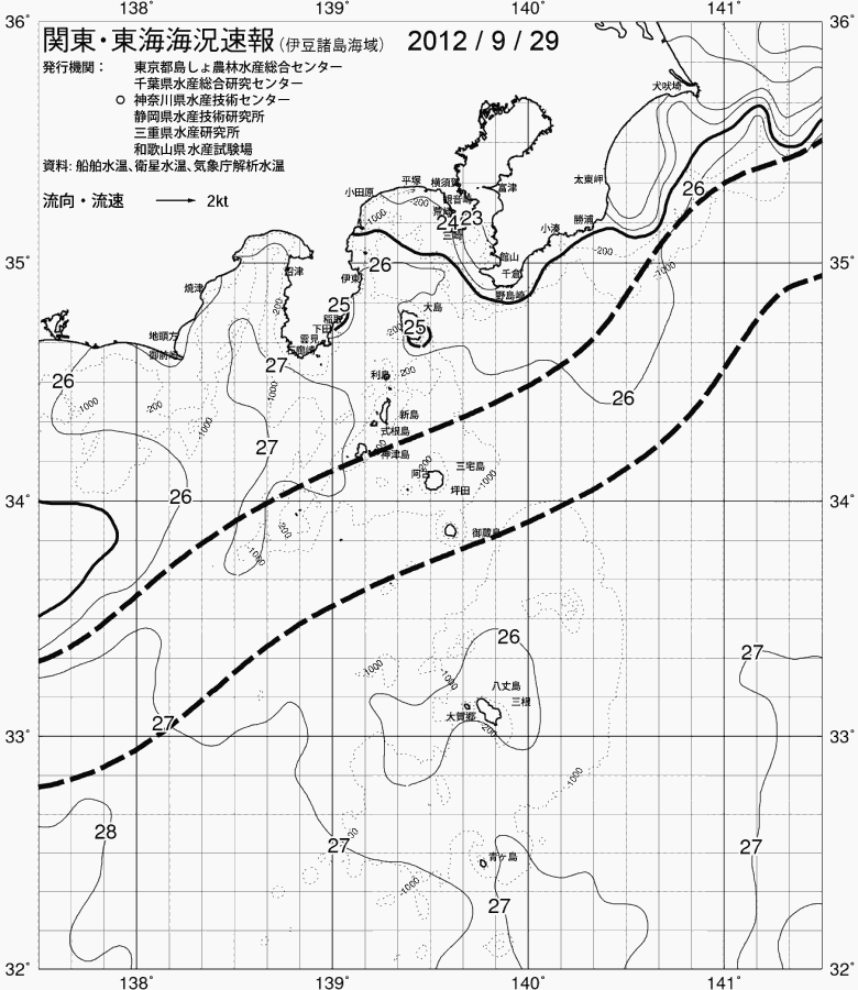 海況図, 関東・東海海況速報/伊豆諸島海域 検索結果, (黒潮, 水温分布, 冷水域, 暖水波及 等を図示)