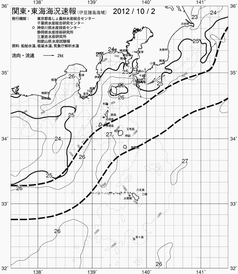 海況図, 関東・東海海況速報/伊豆諸島海域 検索結果, (黒潮, 水温分布, 冷水域, 暖水波及 等を図示)