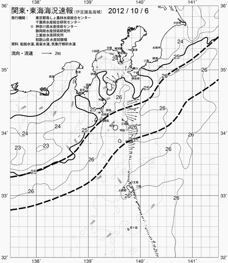 海況図, 関東・東海海況速報/伊豆諸島海域 検索結果, (黒潮, 水温分布, 冷水域, 暖水波及 等を図示)