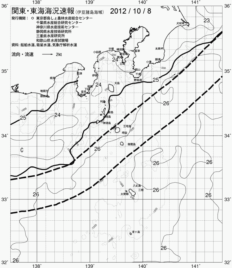 海況図, 関東・東海海況速報/伊豆諸島海域 検索結果, (黒潮, 水温分布, 冷水域, 暖水波及 等を図示)