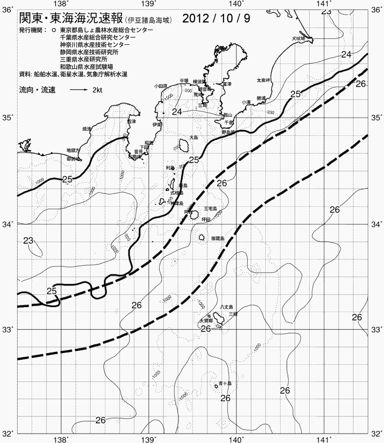 海況図, 関東・東海海況速報/伊豆諸島海域 検索結果, (黒潮, 水温分布, 冷水域, 暖水波及 等を図示)