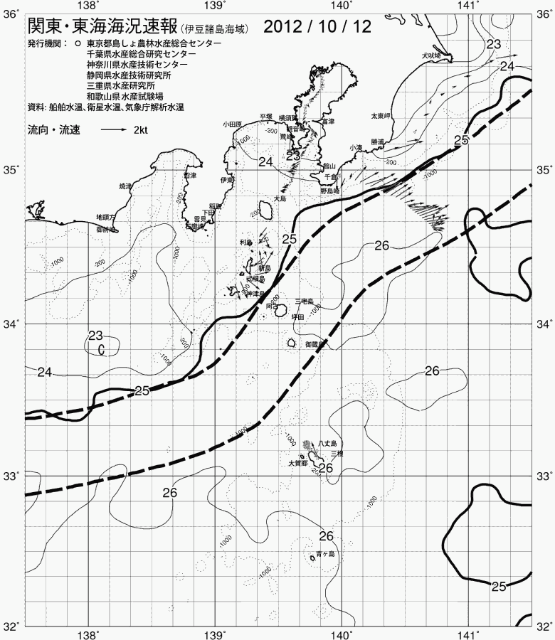 海況図, 関東・東海海況速報/伊豆諸島海域 検索結果, (黒潮, 水温分布, 冷水域, 暖水波及 等を図示)